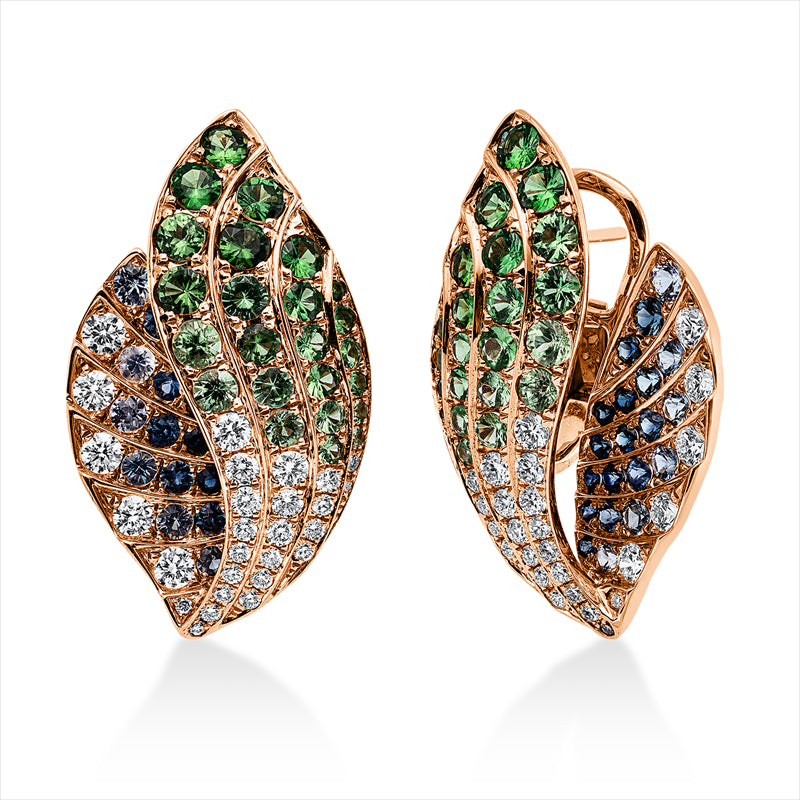 Ohrstecker 18 kt RG, 54 Brill. 1,09 ct, TW-vsi/si, 48 Tsavorith 2,56 ct grün, 40 Saphire 1,28 ct blau