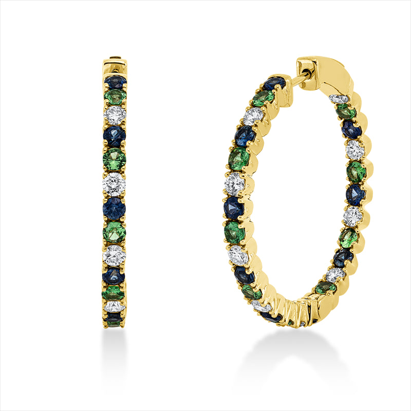 Ohrstecker 18 kt GG, 8 Brill. 0,31 ct, TW-vsi/si, 72 Saphire 3,59 ct multicolor