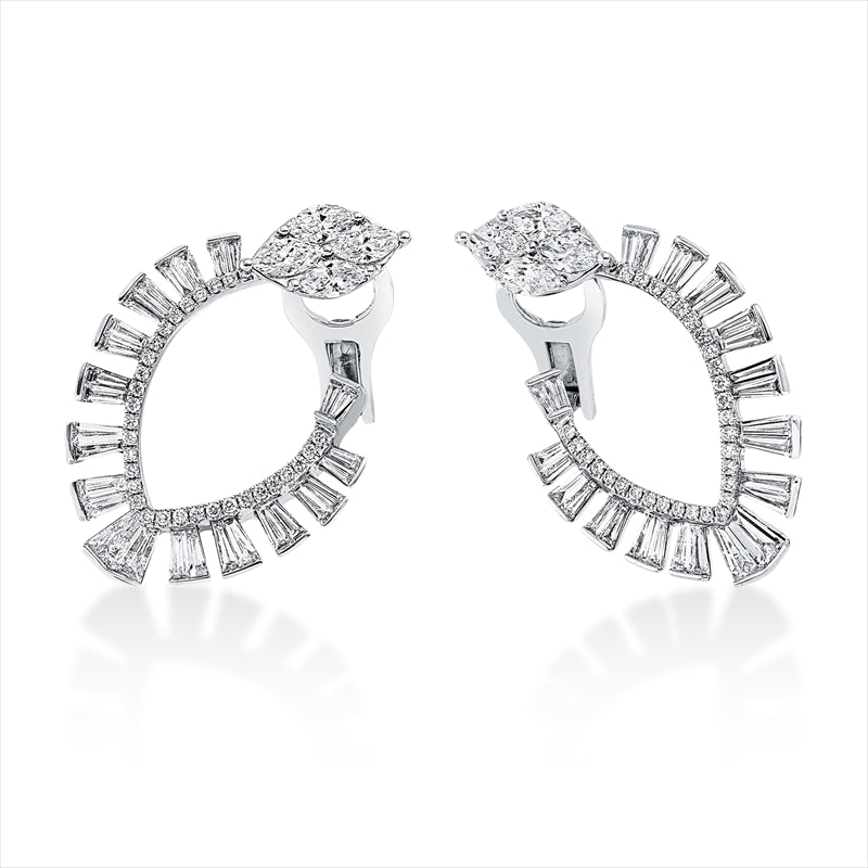 Creolen 18 kt WG, 56 Trap. 2,12 ct, TW-vsi, 8 Nav. 1,49 ct, TW-vsi, 60 Brill. 0,36 ct, TW-vsi