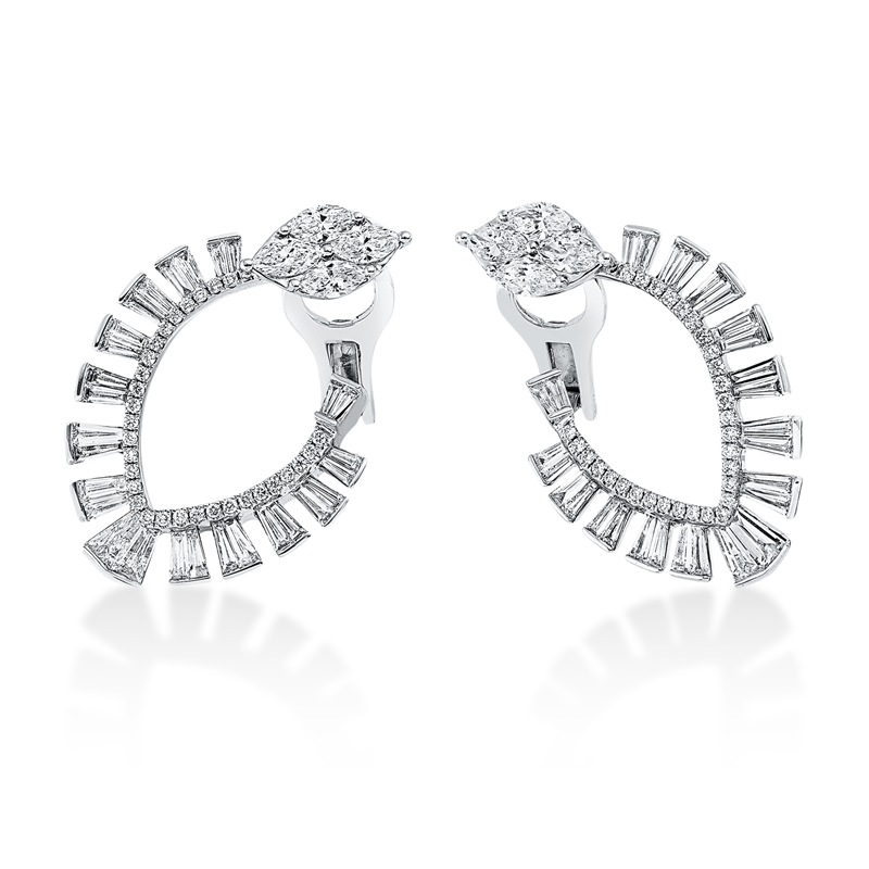 Creolen 18 kt WG, 56 Trap. 2,12 ct, TW-vsi, 8 Nav. 1,49 ct, TW-vsi, 60 Brill. 0,36 ct, TW-vsi