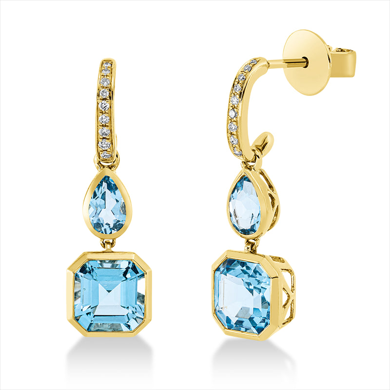 Ohrschmuck 18 kt GG, 18 Brill. 0,09 ct, TW-si, 2 Topase 3,80 ct blau, 2 Topase 0,90 ct blau