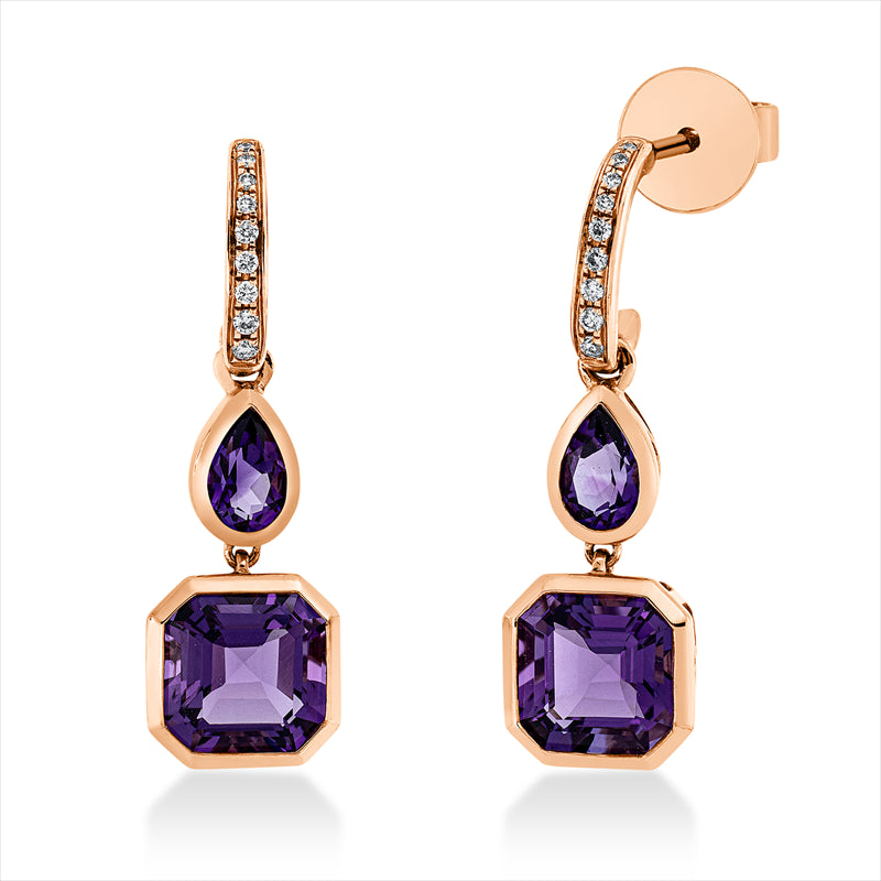 Ohrschmuck 18 kt RG, 18 Brill. 0,09 ct, TW-si, 2 Amethyste 3,00 ct lila, 2 Amethyste 0,70 ct lila