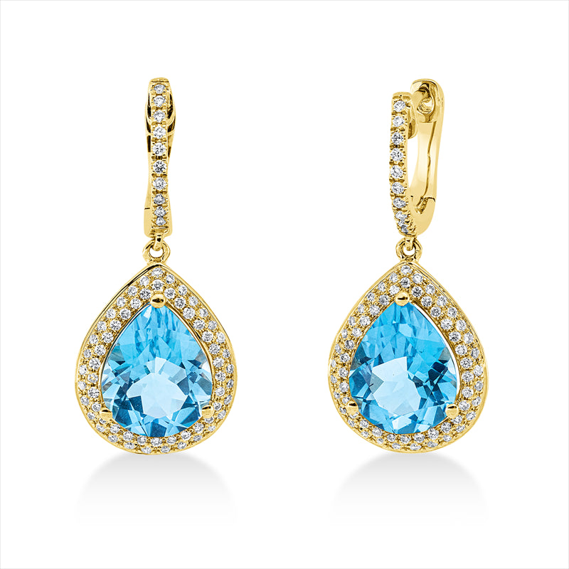 Ohrschmuck 18 kt GG, 142 Brill. 0,48 ct, TW-si, 2 Topase 5,70 ct blau