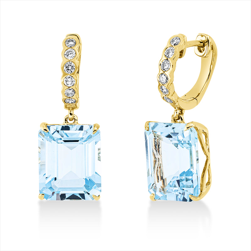 Ohrschmuck 18 kt GG, 12 Brill. 0,33 ct, TW-si, 2 Topase 11,90 ct sky blue