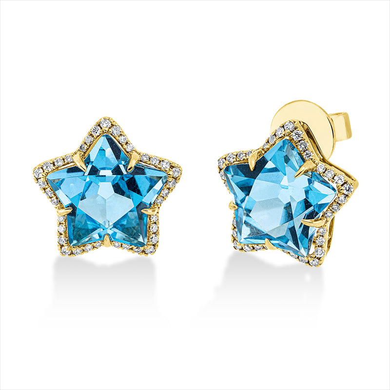Ohrstecker 18 kt GG, 70 Brill. 0,27 ct, TW-si, 2 Topase 9,10 ct blau