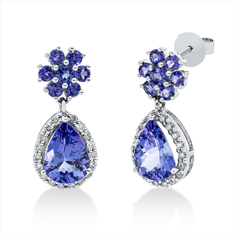 Ohrschmuck 18 kt WG, 38 Brill. 0,24 ct, W-si, 2 Tansanit 2,25 ct blau, 14 Tansanit 0,62 ct blau