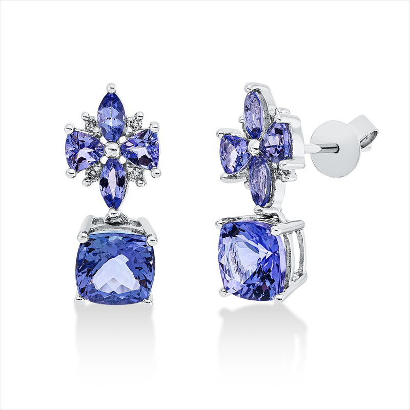 Ohrschmuck 18 kt WG, 8 Brill. 0,05 ct, W-si, 4 Tansanit 0,43 ct, 2 Tansanit 2,10 ct, 4 Tansanit 0,32 ct