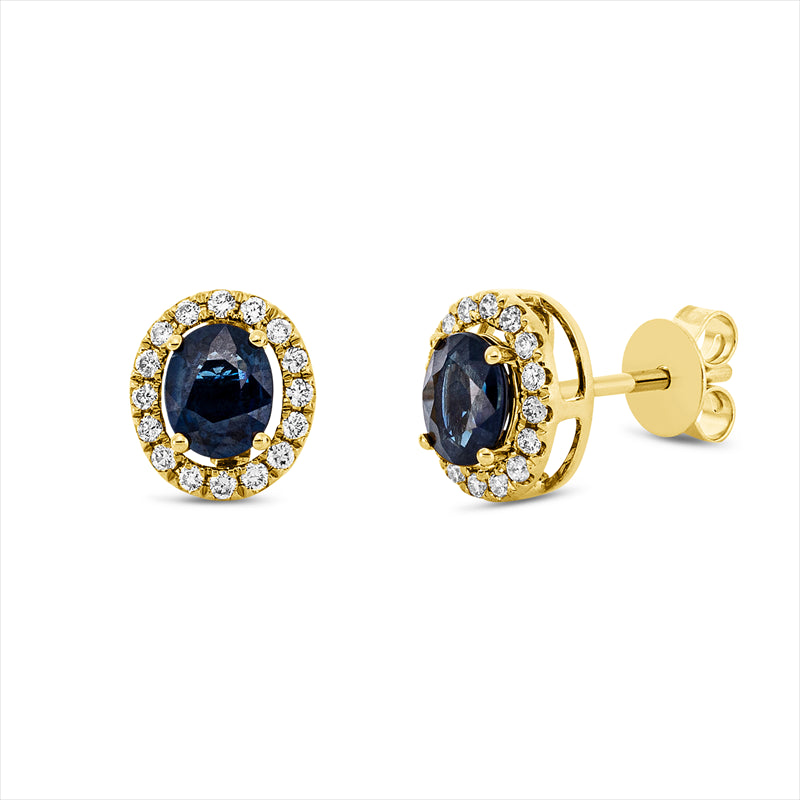 Ohrstecker 18 kt GG, 32 Brill. 0,16 ct, W-si, 2 Saphire 0,89 ct blau