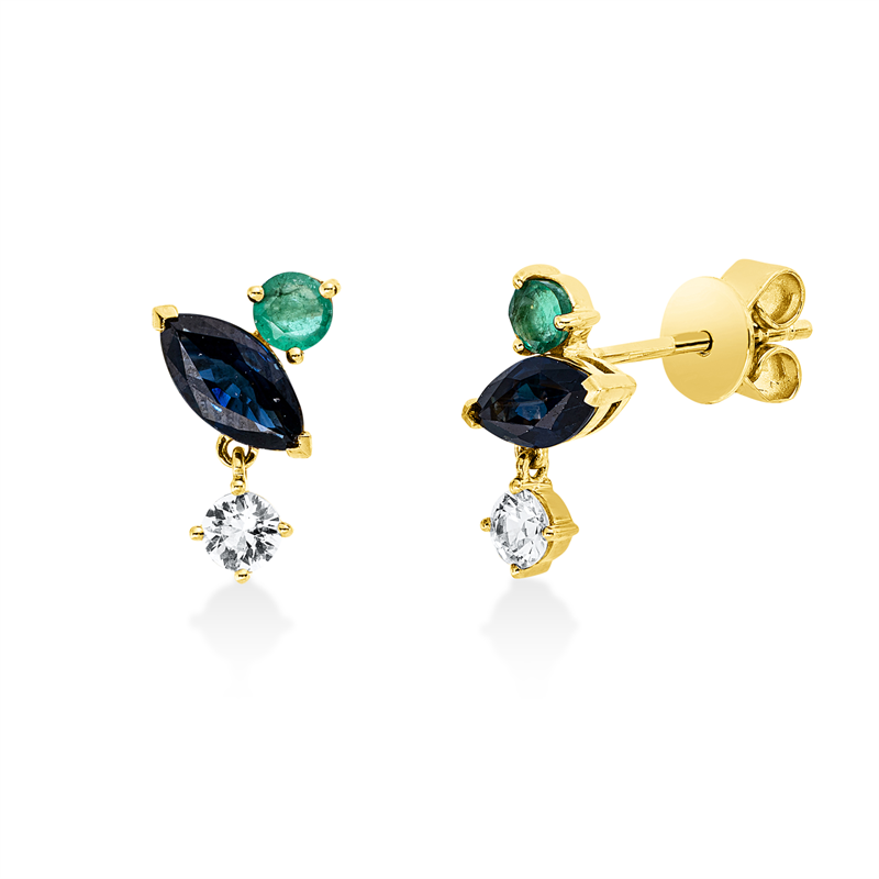 Ohrschmuck 18 kt GG, 2 Saphire 0,26 ct weiß, 2 Smaragde 0,21 ct grün, 2 Saphire 0,94 ct blau