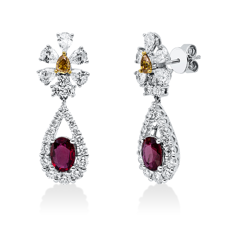 Ohrschmuck 18kt, 10 Tropf 1,41ct, 38 Br1,34ct, TW-si, 2 Tropf 0,37ct, gelb,2 Rub 1,75ct rot