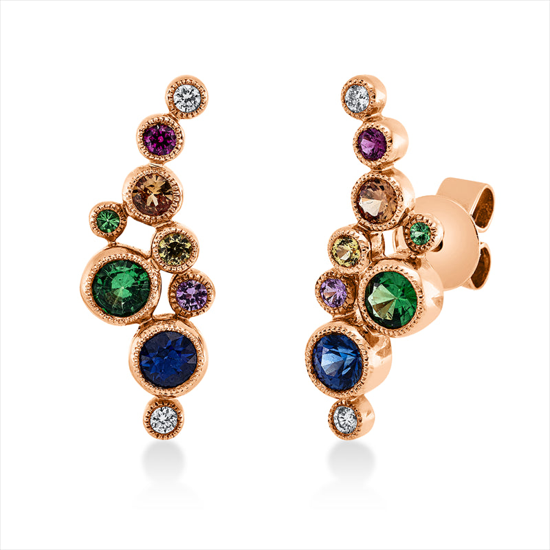 Ohrschmuck 18 kt RG,4 Brill.0,06 ct,F-vsi, 8 Sap,0,60 ct mulicolor, 2 Rub,0,06 ct rot, 4 Tsavo 0,28 ct grün