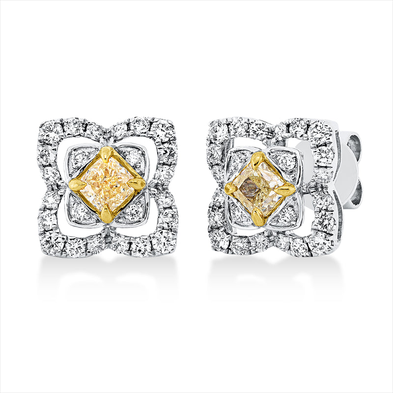 Ohrstecker 18 kt WG+GG, 48 Brill. 0,49 ct, TW-si, 2 Cushion 0,50 ct, gelb