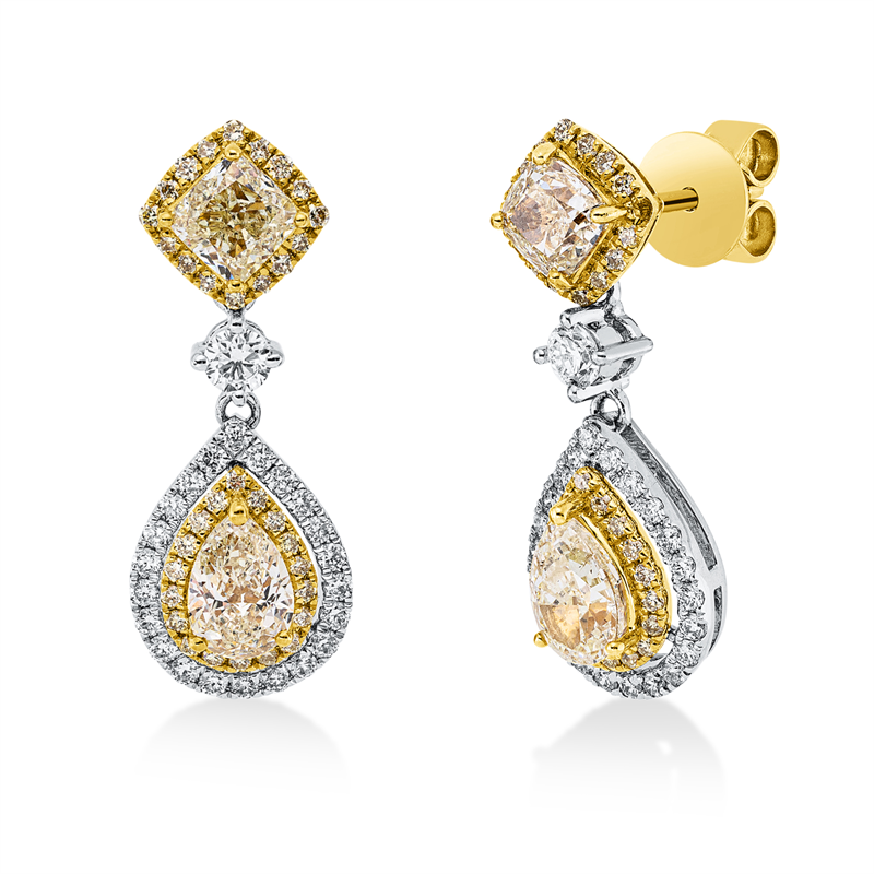 Ohrschmuck 18 kt GG+WG, 46 Brill. 0,41 ct, TW-si, 4 Fant-Schl. 1,99 ct, gelb, 68 Brill. 0,26 ct, gelb