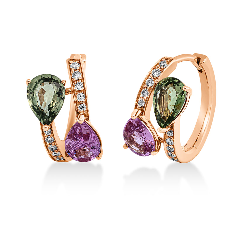 Creolen 18 kt RG, 20 Brill. 0,15 ct, W-pi, 4 Saphire 2,99 ct multicolor