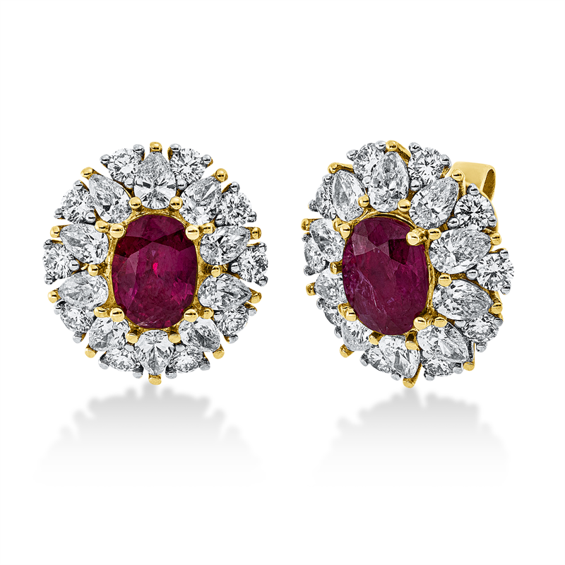 Ohrstecker 18 kt GG+WG, 20 Tropfen 1,49 ct, TW-si, 20 Brill. 0,76 ct, TW-si, 2 Rubine 2,16 ct rot
