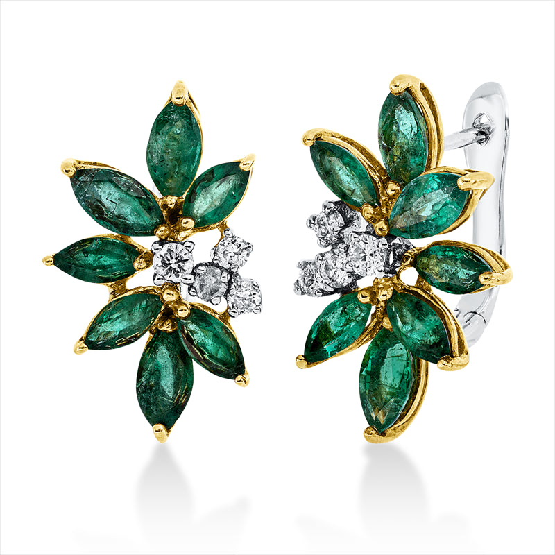 Creolen 18 kt GG+WG, 2 Brill. 0,08 ct, TW-si, 6 Brill. 0,16 ct, TW-si, 14 Smaragde 2,21 ct grün