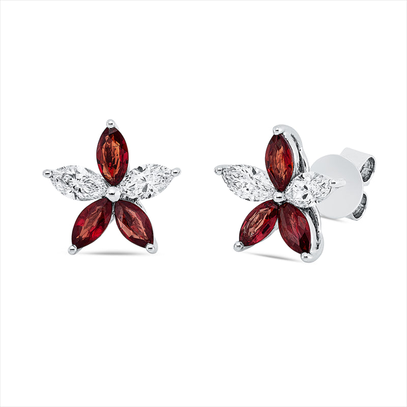 Ohrstecker 18 kt WG, 4 Nav. 0,65 ct, TW-vsi, 6 Rubine 1,06 ct rot