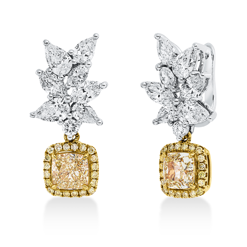 Ohrschmuck 18 kt WG+GG, 2 Cushion 1,49 ct, 40 Brill. 0,20 ct, gelb, 14 fanta 1,94ct, 2 Brill. 0,10 ct, vsi/si