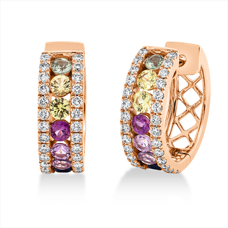 Creolen 18 kt RG, 56 Brill. 0,44 ct, TW-si, 14 Saphire 1,03 ct fancy