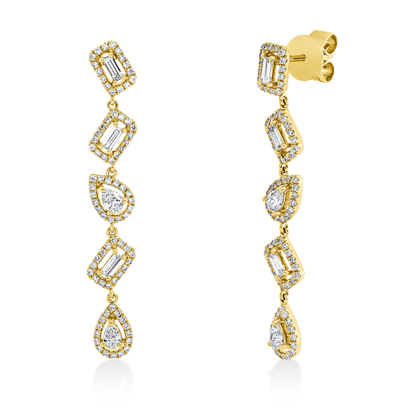 Ohrschmuck 18 kt GG, 6 Bag. 0,19 ct, TW-vsi, 4 Tropfen 0,25 ct, TW-vsi, 160 Brill. 0,43 ct, TW-si