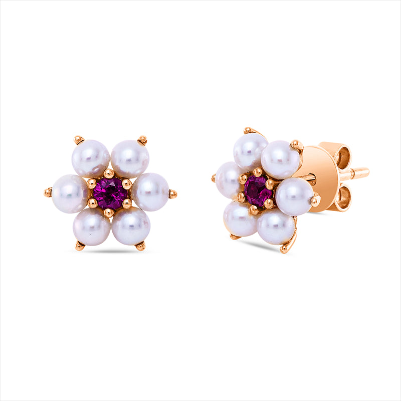 Ohrstecker 14 kt RG, 2 Rubine 0,18 ct rot, 12 Akoya weiß