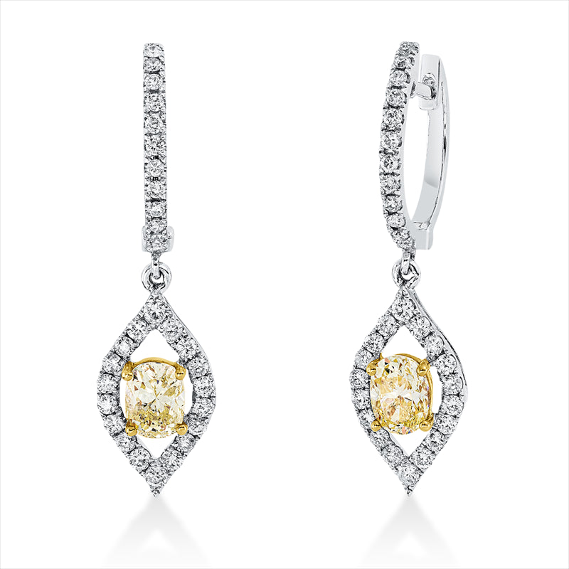 Ohrschmuck 18 kt WG+GG, 2 Oval 1,09 ct, gelb-si, 60 Brill. 0,68 ct, TW-vsi/si