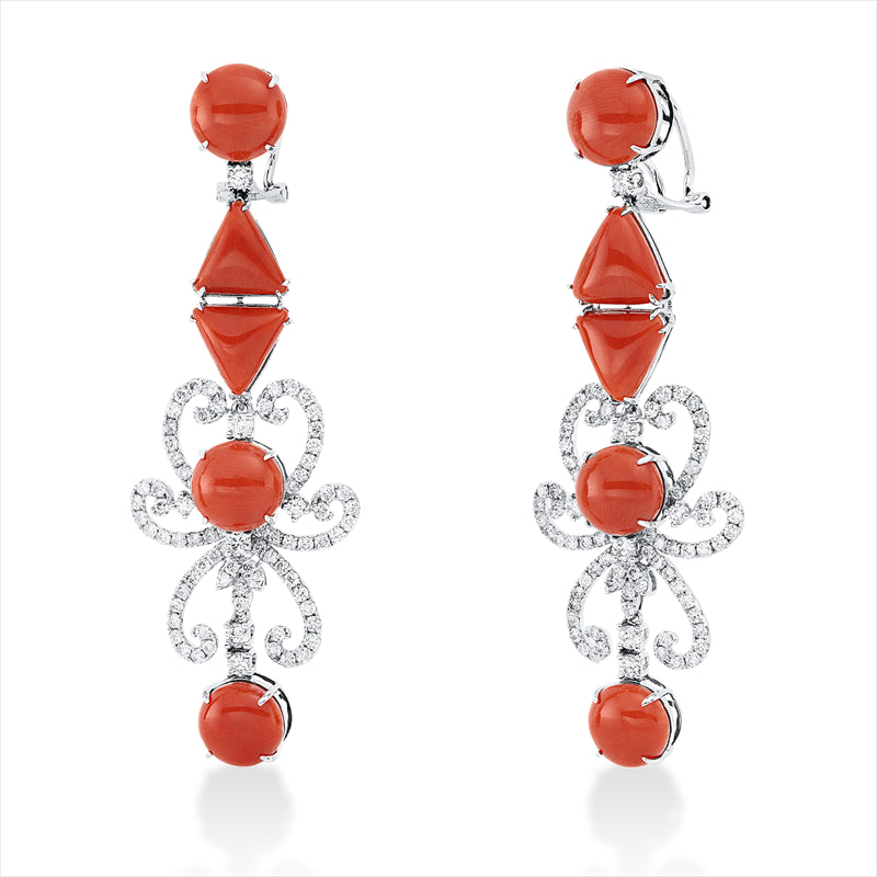 Ohrschmuck 18 kt WG, 162 Brill. 3,32 ct, TW-si, 10 Korall 30,89 ct rot