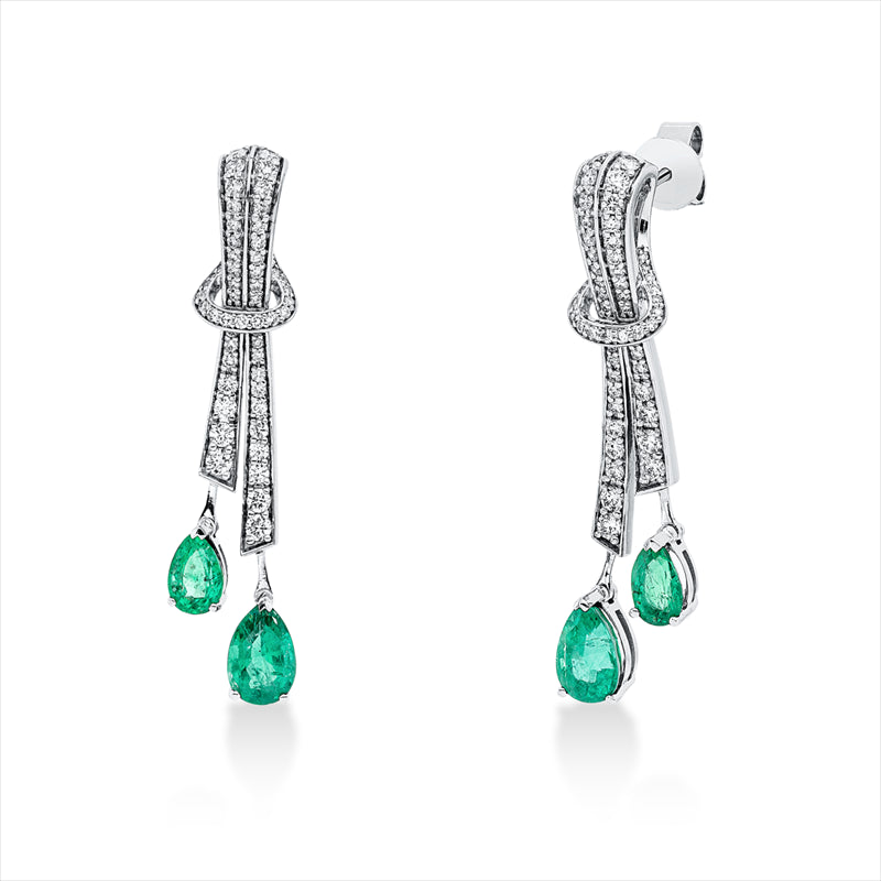 Ohrschmuck 18 kt WG, 114 Brill. 0,93 ct, F-vvs/vs, 4 Smaragde 2,95 ct grün