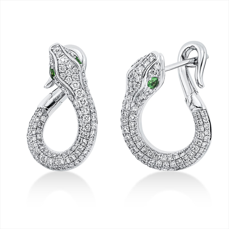 Creolen 18 kt WG, 182 Brill. 1,10 ct, F-vvs/vs, 4 Tsavorith 0,15 ct grün