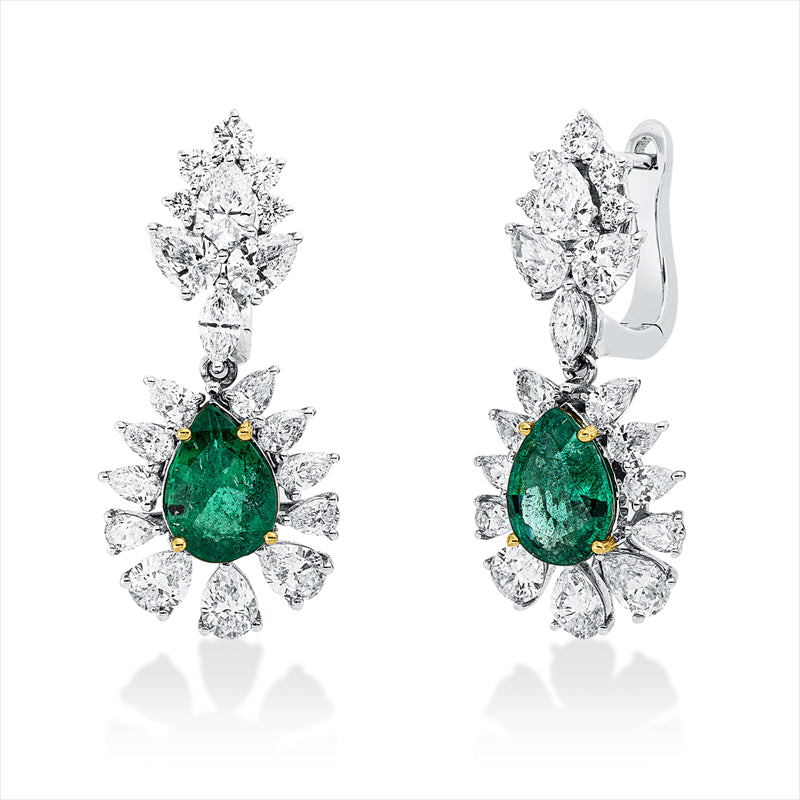 Ohrschmuck 18 kt WG+GG, 40 Fantasie-Schliff 2,61 ct, I-vsi, 2 Smaragde 1,96 ct grün