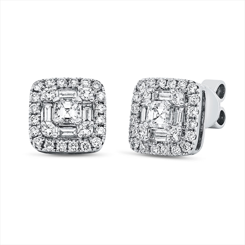 Ohrstecker 18 kt WG, 8 Bag. 0,24 ct, 2 Assher 0,30 ct, 48 Brill. 0,50 ct, TW-vsi/si