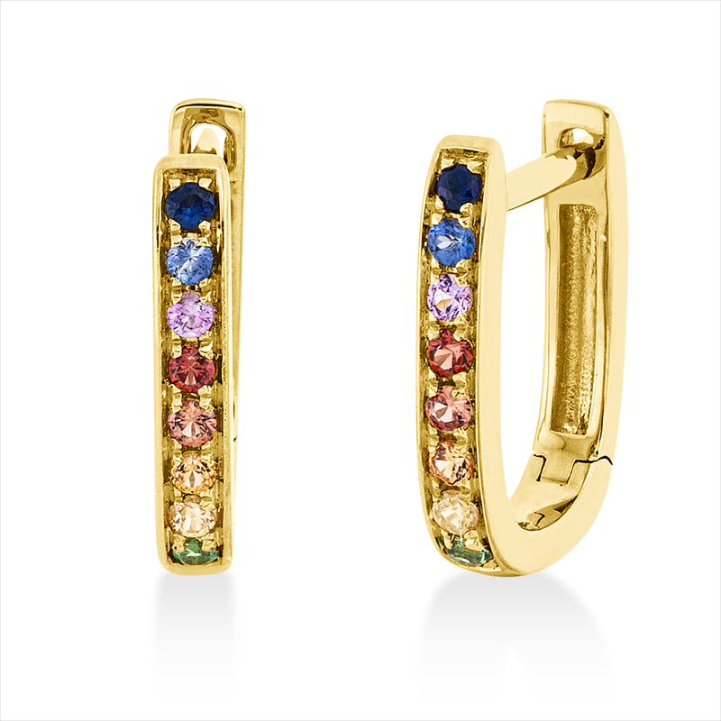 Creolen 18 kt GG, 16 Farbsteine 0,15 ct multicolor