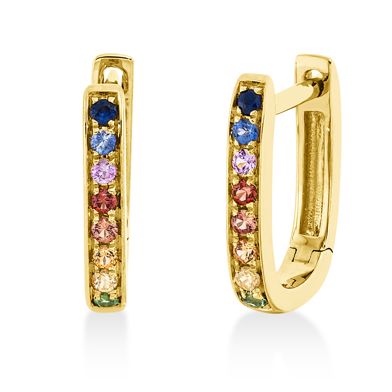 Creolen 18 kt GG, 16 Farbsteine 0,14 ct fancy