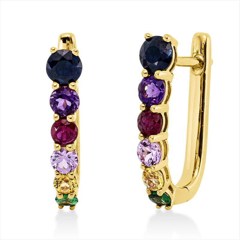 Creolen 18 kt GG, 2 Rubine 0,20 ct rot, 2 Tsavorith 0,10 ct grün, 8 Saphire 1,00 ct fancy