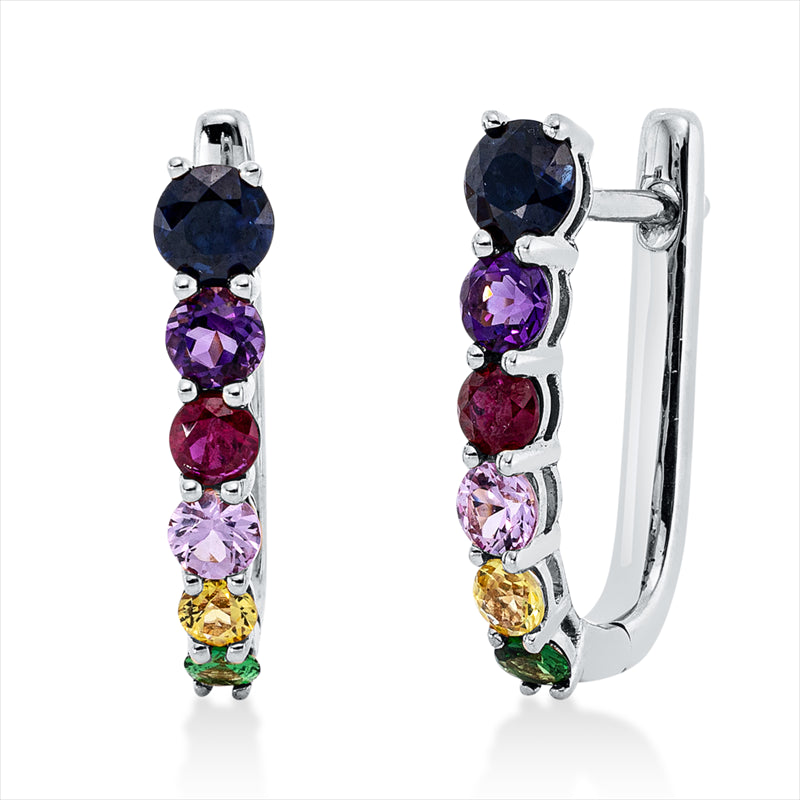 Creolen 18 kt WG, 2 Rubine 0,19 ct rot, 2 Tsavorith 0,10 ct grün, 8 Saphire 1,03 ct fancy