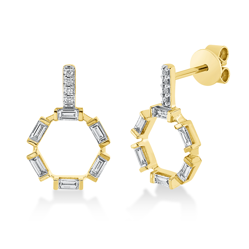 Ohrstecker 18 kt GG, Fassung rhodiniert, 12 Bag. 0,30 ct, TW-si, 8 Brill. 0,04 ct, TW-si