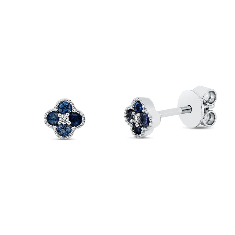 Ohrstecker 18 kt WG, 2 Brill. 0,02 ct, TW-si, 8 Saphire 0,22 ct blau