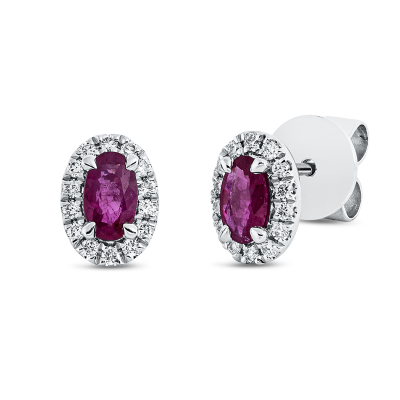 Ohrstecker 18 kt WG, 28 Brill. 0,13 ct, TW-si, 2 Rubine 0,55 ct rot