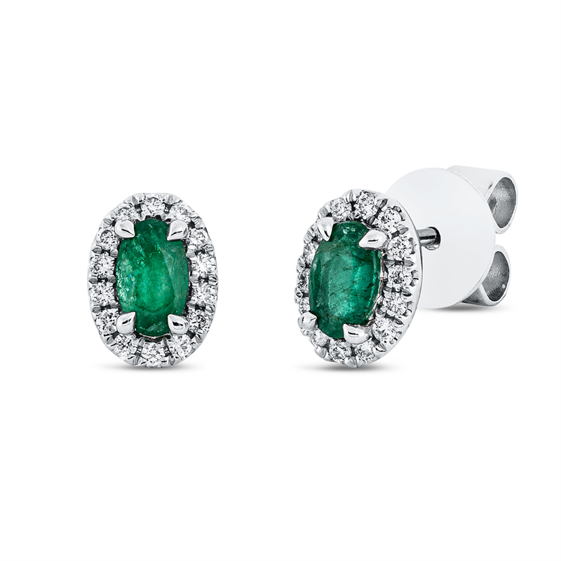 Ohrstecker 18 kt WG, 28 Brill. 0,13 ct, TW-si, 2 Smaragde 0,41 ct grün