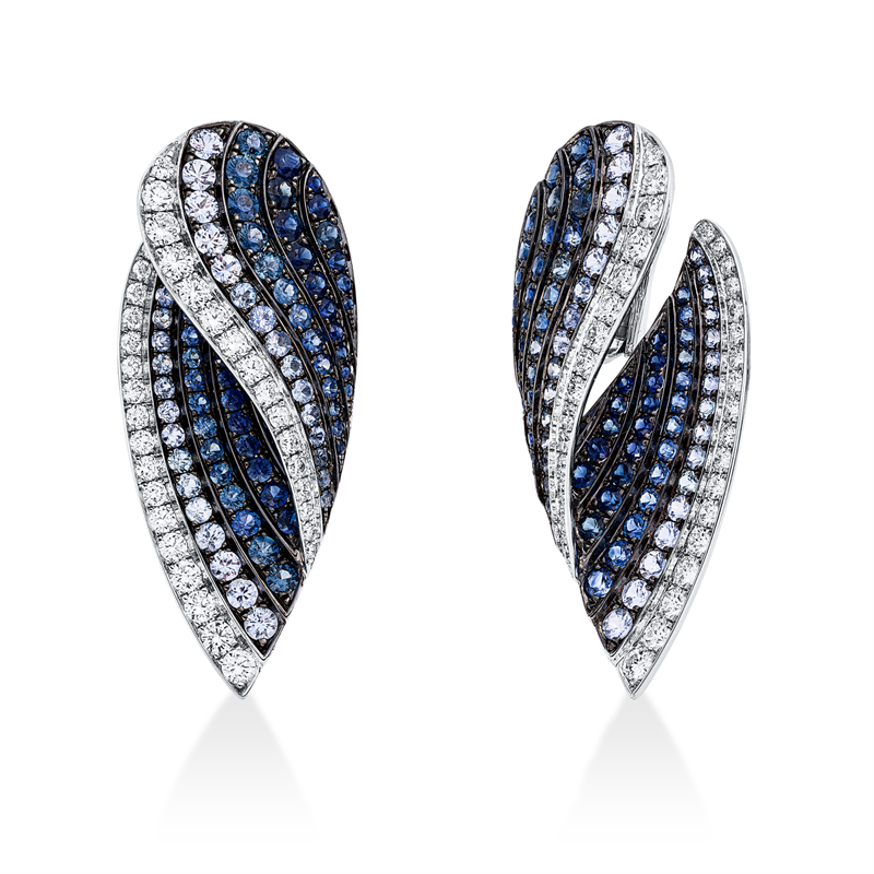 Ohrschmuck 18 kt WG, Fassung teils schwarz rhodinie, 68 Brill. 2,68 ct, TW-vsi/si, 174 Saphire 8,12 ct blau