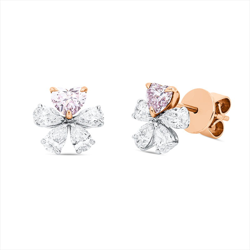 Ohrstecker 18 kt RG+WG, 2 Herzschl. 0,73 ct, pink-si, 8 Tropfen 1,12 ct, F-vvs