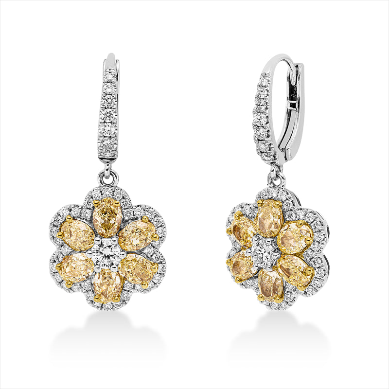 Ohrschmuck 18 kt WG+GG, 88 Brill. 0,77 ct, TW-si, 12 Oval 2,74 ct, gelb