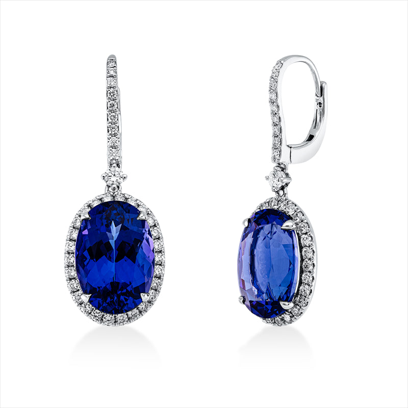 Ohrschmuck 18 kt WG, 72 Brill. 0,69 ct, TW-si, 2 Tansanit 10,48 ct blau