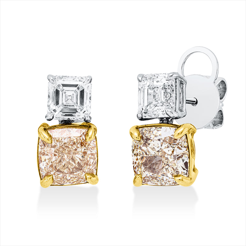 Ohrstecker 18 kt GG+WG, GIA 4pcs, 2 Cushion 3,58 ct, gelb-vsi, 2 Assher 1,40 ct, W-vsi