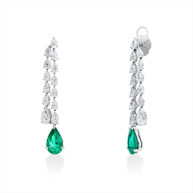 Ohrschmuck 18 kt WG, 2 GIA's, 2 Tro 1,05 ct, E-vs1/vs2, 24 Tro 3,72 ct, TW-vsi, 2 Smaragde 4,00 ct