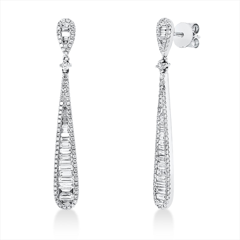 Ohrschmuck 18 kt WG, 2 Trap. 0,02 ct, TW-si, 43 Bag. 0,81 ct, TW-si, 150 Brill. 0,46 ct, TW-si