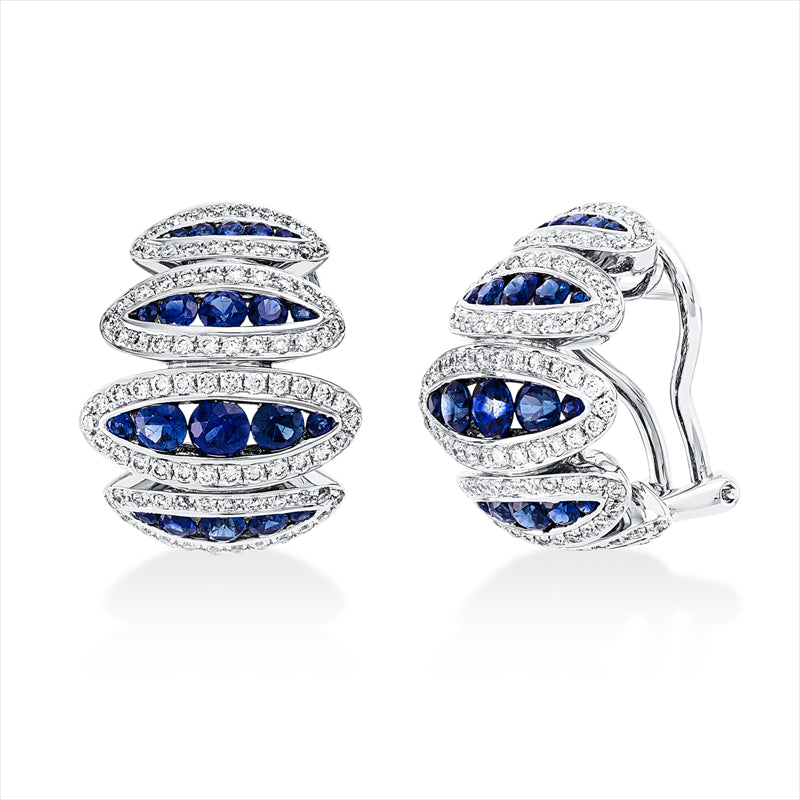 Ohrschmuck 18 kt WG, Fassung teils schwarz rhodinie, 212 Brill. 0,93 ct, TW-vsi, 50 Saphire 1,88 ct blau