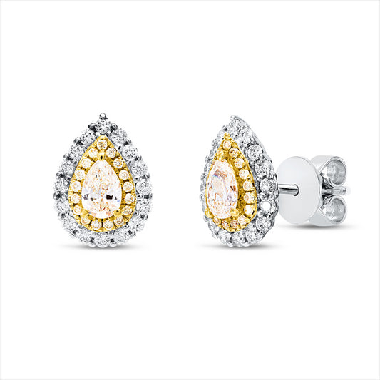 Ohrstecker 18 kt WG+GG, 32 Brill. 0,28 ct, TW-si, 2 Tropfen 0,40 ct, gelb, 34 Brill. 0,09 ct, gelb