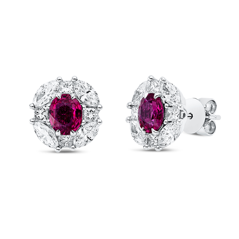 Ohrstecker 18 kt WG, 8 Nav. 1,23 ct, F-vsi, 8 Princ. 0,42 ct, F-vsi, 2 Rubine 1,44 ct rot