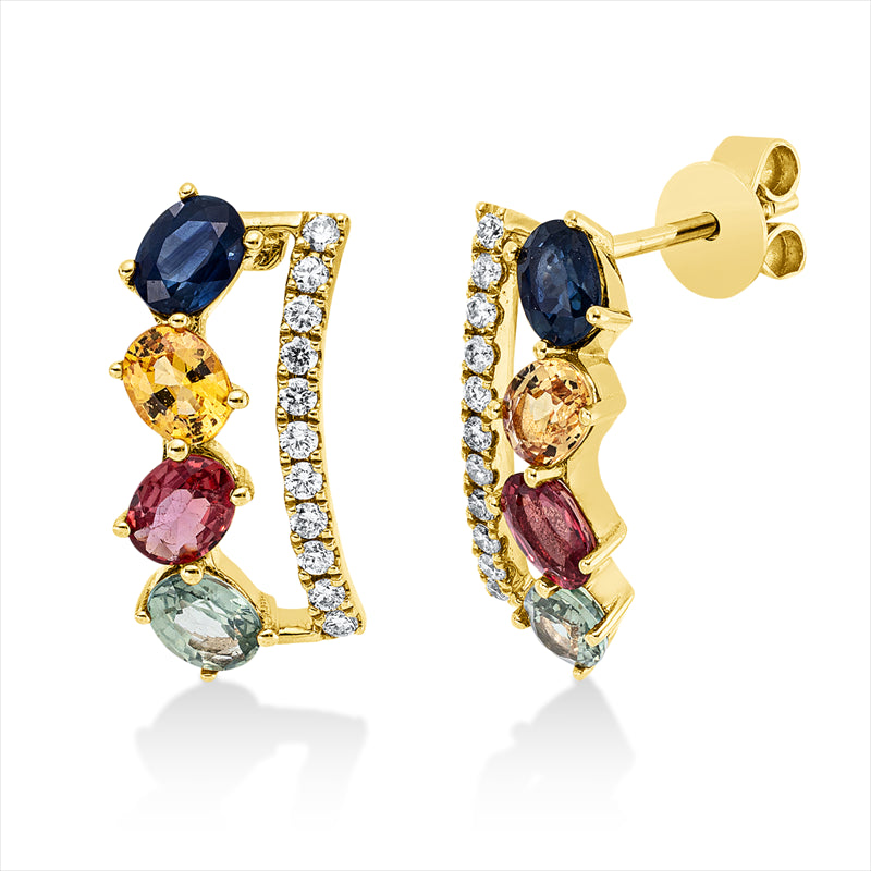 Ohrstecker 18 kt GG, 22 Brill. 0,16 ct, TW-si, 8 Saphire 1,90 ct multicolor
